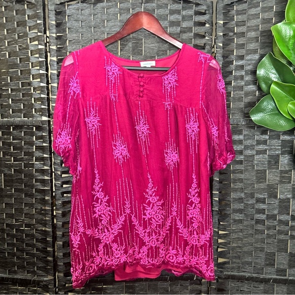 Sundance embroidered magenta blouse sheer sleeves floral dainty medium - Picture 1 of 6
